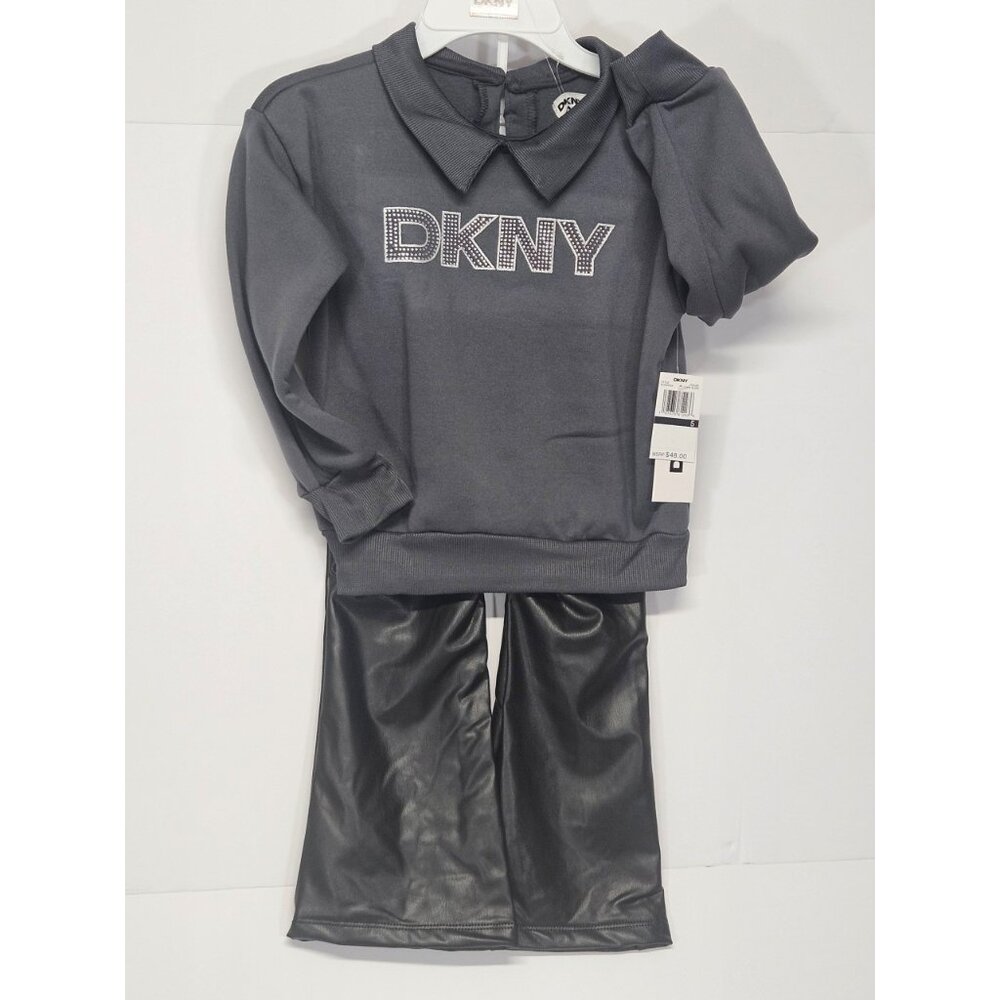 DKNY Girls S- 5‎ 2Pc Outfit, Sparkling Stone Logo Sweatshirt, Black Flared Pants
